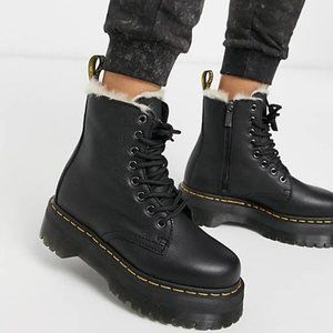 Dr. Martens Black Leather Platform Combat Boots with Shearling Trim
